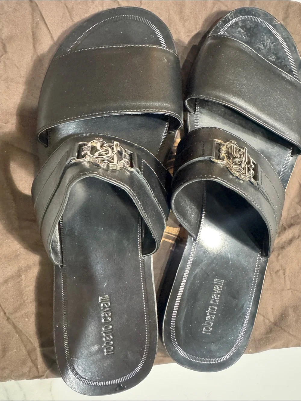 Roberto Cavalli Black Leather Slide Sandals with Metal Logo Accent